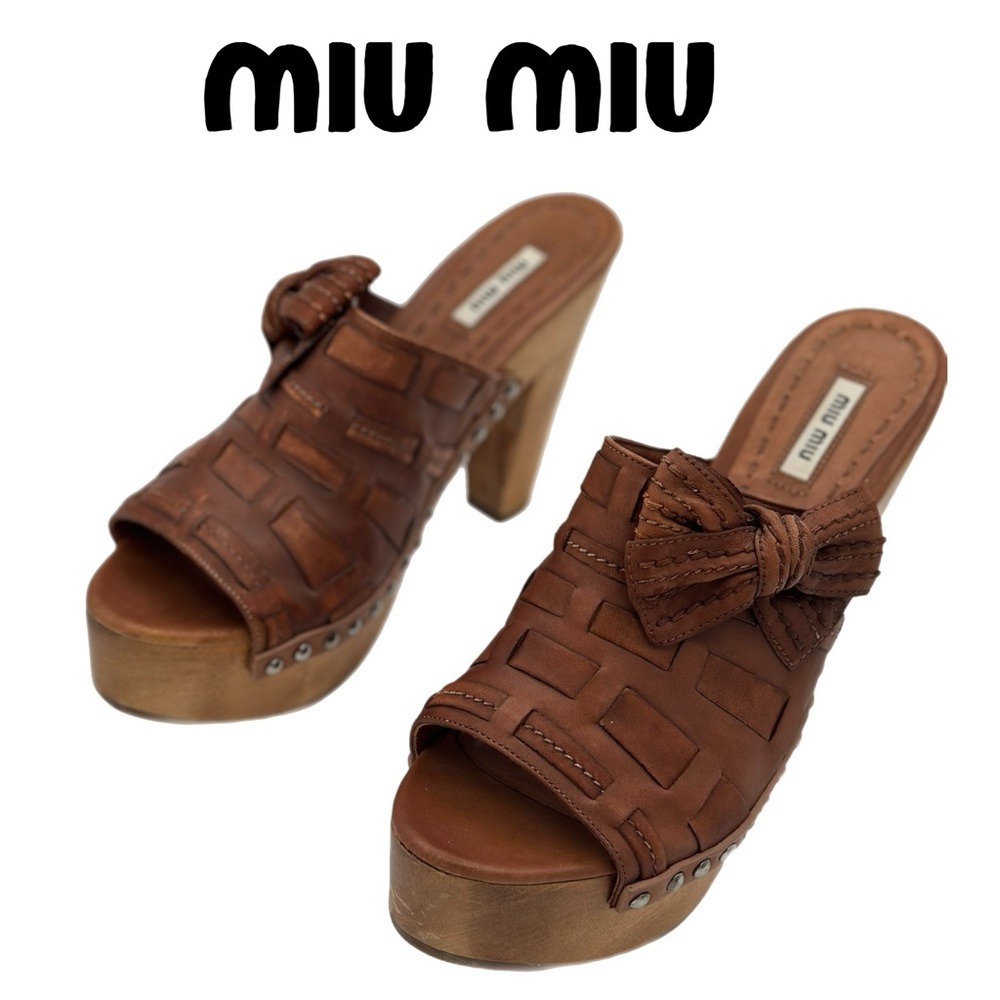 Miu Miu Brown Leather Wooden Heels with Silver Rivets - Size 39